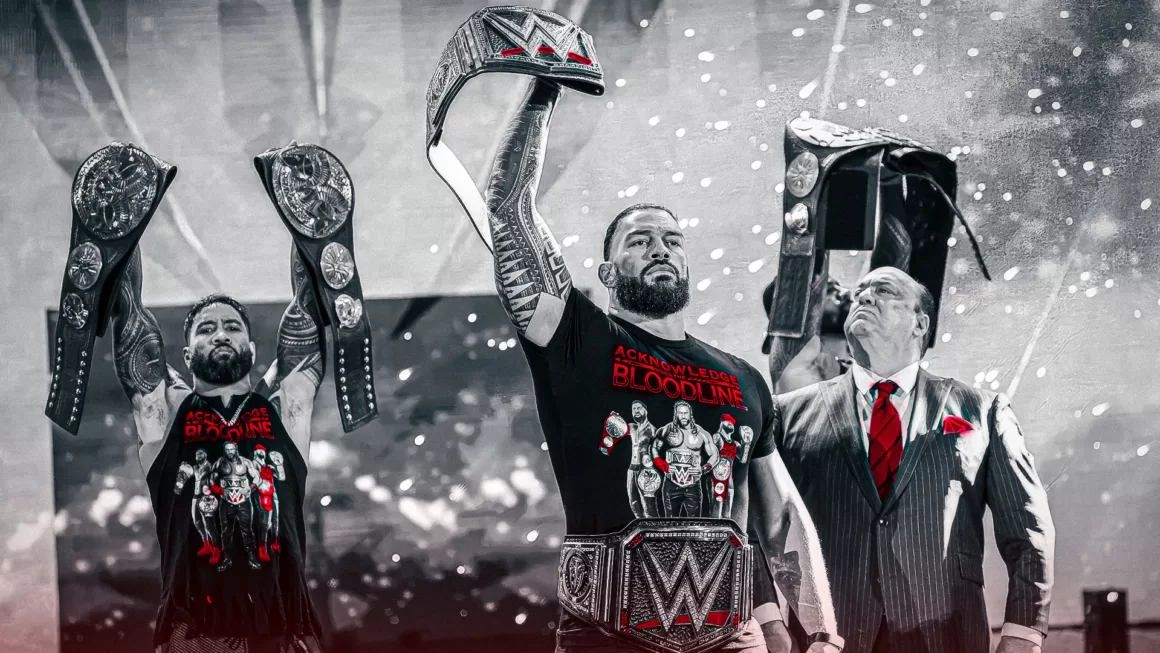 Roman Reigns, Jey Uso, Jimmy Uso, and Paul Heyman make thier grand entrance