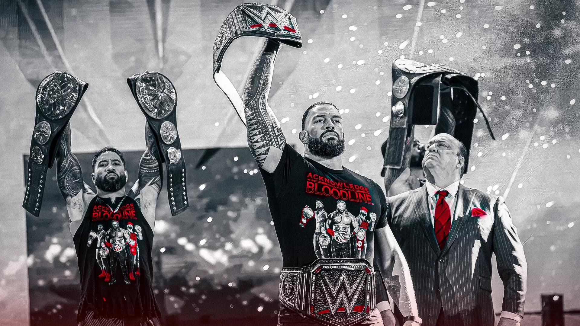 Roman Reigns, Jey Uso, Jimmy Uso, and Paul Heyman make thier grand entrance