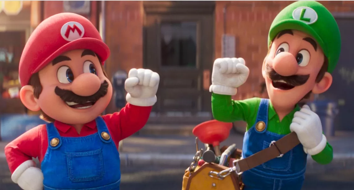 Mario (voiced by Chris Pratt) and his brother Luigi (voiced by Charlie Day) greeting one another in The Super Mario Bros. Movie | Agents of Fandom