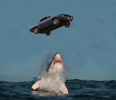 an image of a car suspended in mid-air while a shark emerges from the water trying to swallow it | Agents of Fandom