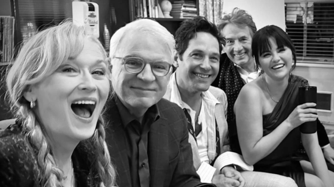 Only Murders In The Building Season 3 features guest stars Meryl Streep (far left) and Paul Rudd (center), along with the main trio of Steve Martin (left), Martin Short (right) and Selena Gomez (far right) | Agents of Fandom