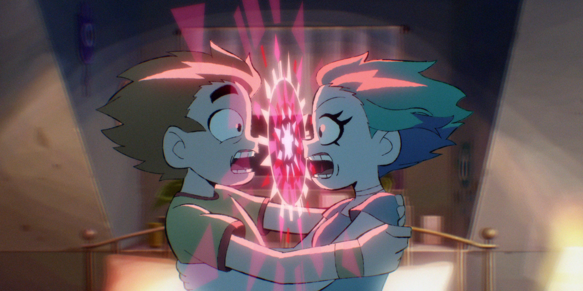 Scott and Ramona face-to-face with a pink portal in between in Scott Pilgrim Takes Off | Agents of Fandom