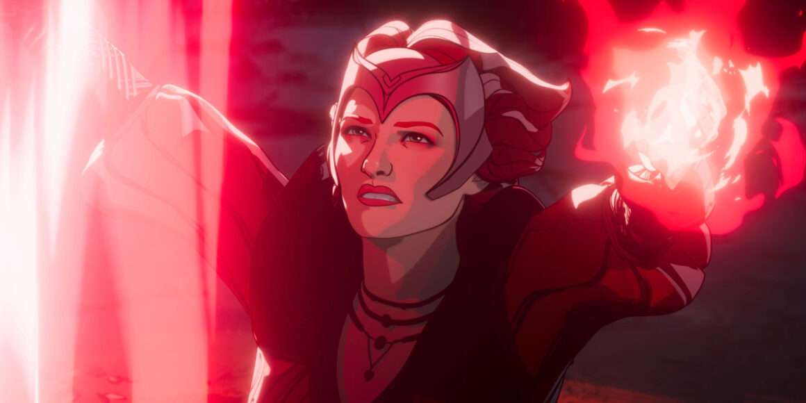 Wanda Merlin, voiced by Elizabeth Olsen, with red chaos magic coming out of her hands in What If...? Season 2, Episode 8 | Agents of Fandom