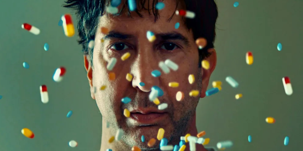 David Schwimmer in Little Death with pills flying in the air | Agents of Fandom