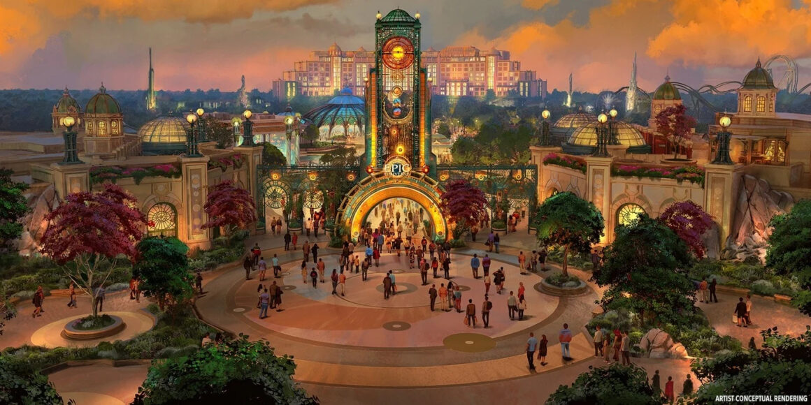 The main entrance to Epic Universe adorned with a central tower | Agents of Fandom