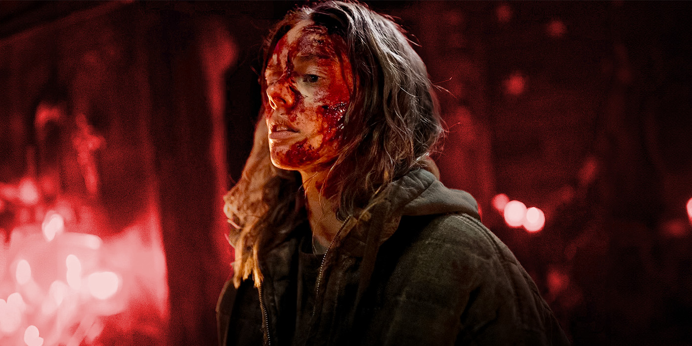 Samara Weaving bloody in Azrael with a stylized custom background | Agents of Fandom