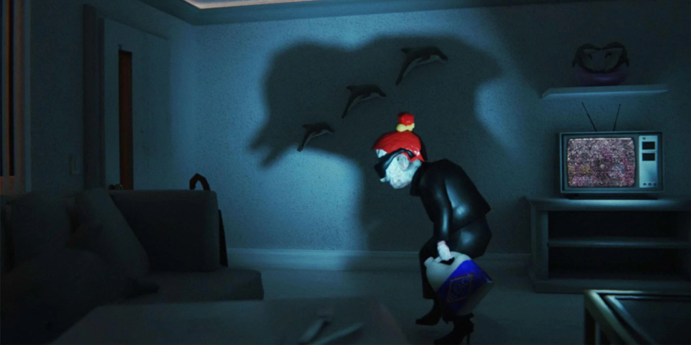 A red-haired woman holding laundry detergent in a shadowy room with the TV lighting things | Agents of Fandom