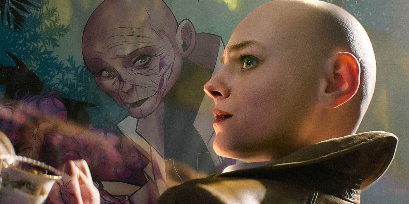 Custom image of Emma Corrin as Cassandra Nova with their comic book character in the background | Agents of Fandom