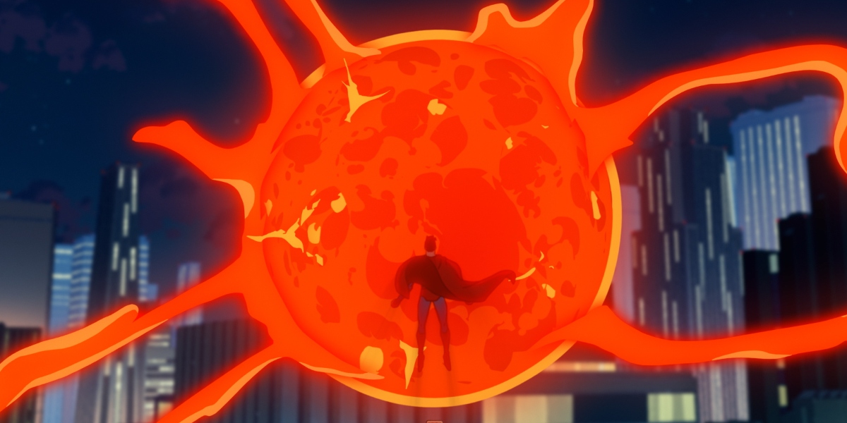 Superman floating in front of a giant red ball in My Adventures with Superman Season 2 | Agents of Fandom