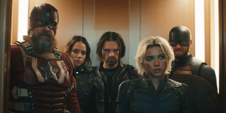 The cast of Thunderbolts* standing in an elevator | Agents of Fandom