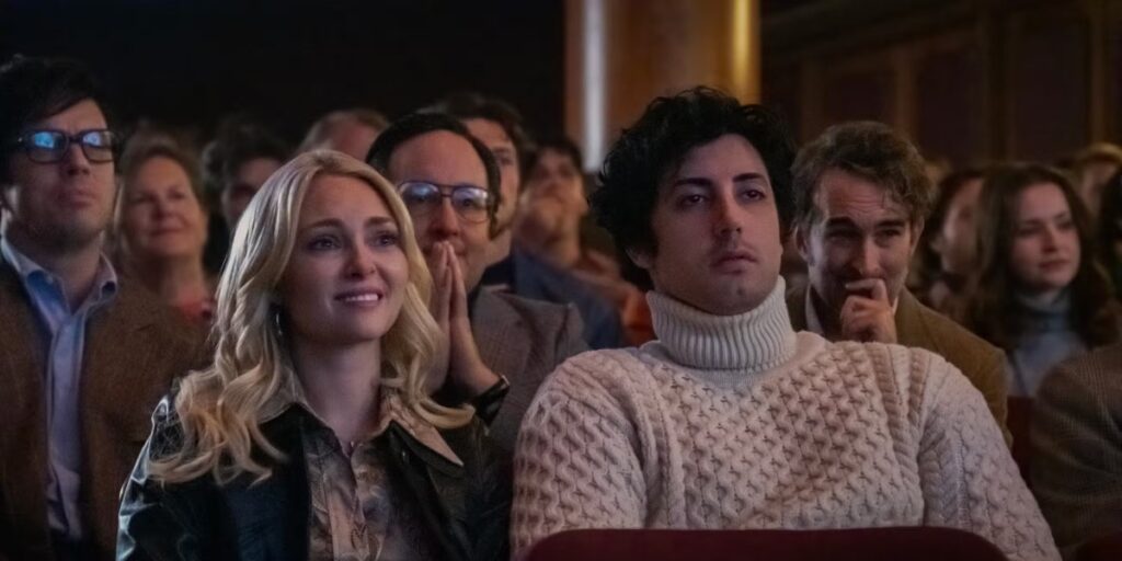 Robert Chartoff (Toby Kebbell), Sasha Czack (AnnaSophia Robb), Irwin Winkler (P.J. Byrne), Sylvester Stallone (Anthony Ippolito), and John G. Avildsen (Jay Duplass) watching the Rocky premiere in I Play Rocky | Agents of Fandom